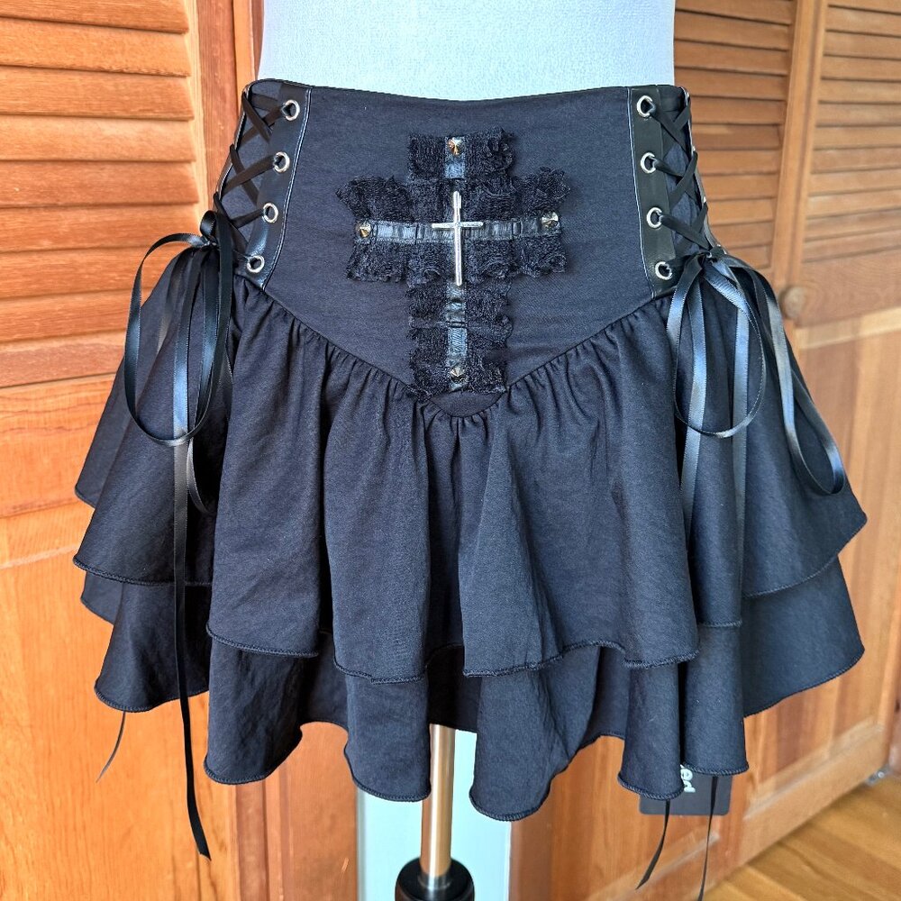 Punk Goth Lolita Harajuku Black Cross Lace-up Sides Ruffle Mini Skirt